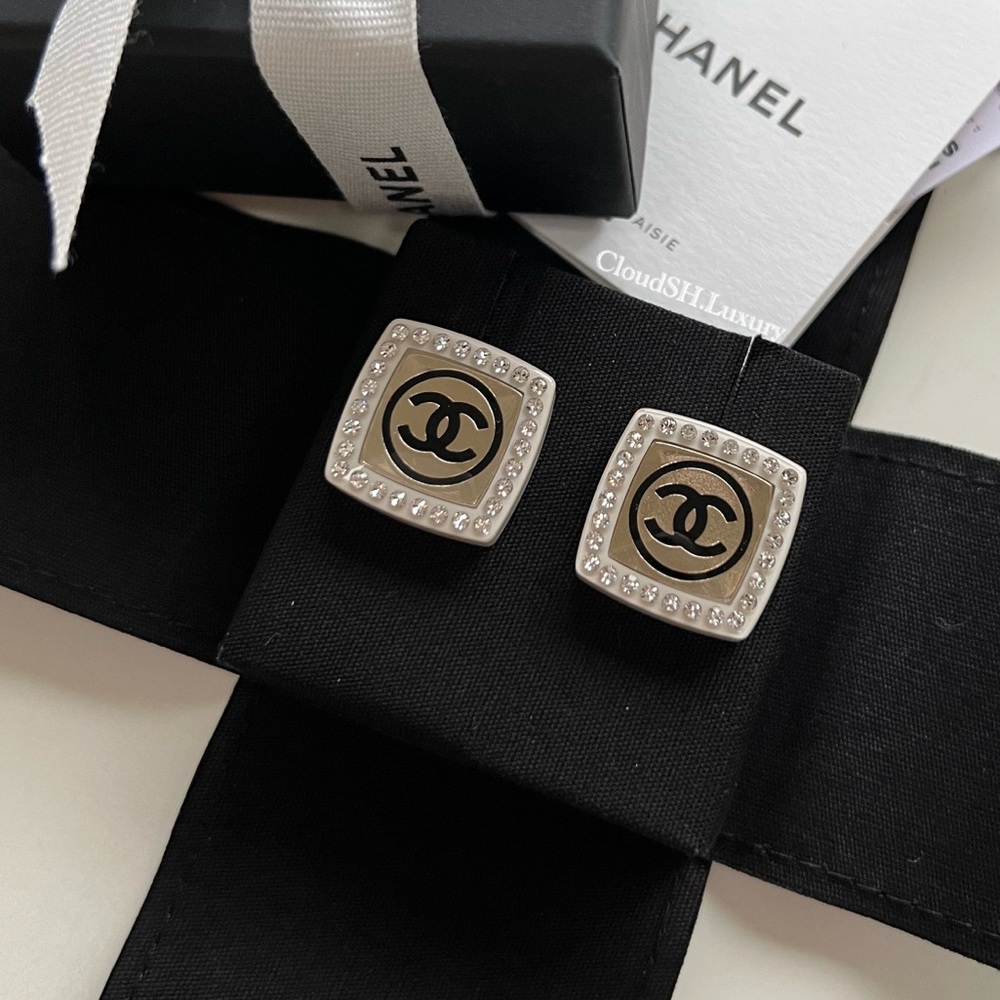 Auth BN Chanel Square CC Logo Stud Earrings w/ Crystals